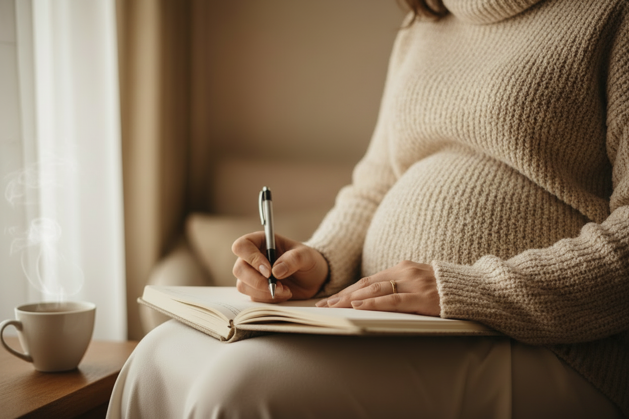 Pregnant woman writing with tea